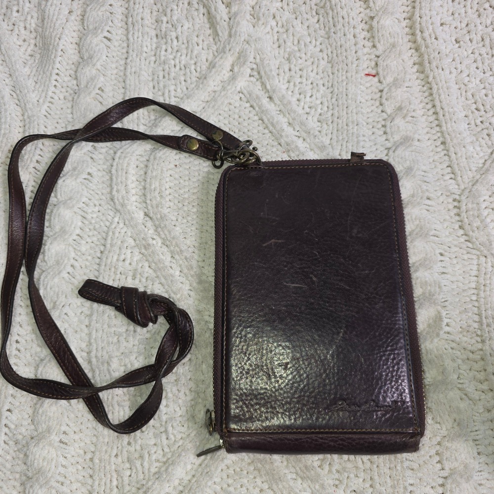 VTG Eddie Bauer Crossbody Wallet Bag Brown Weathered Leather Zip Around Travel